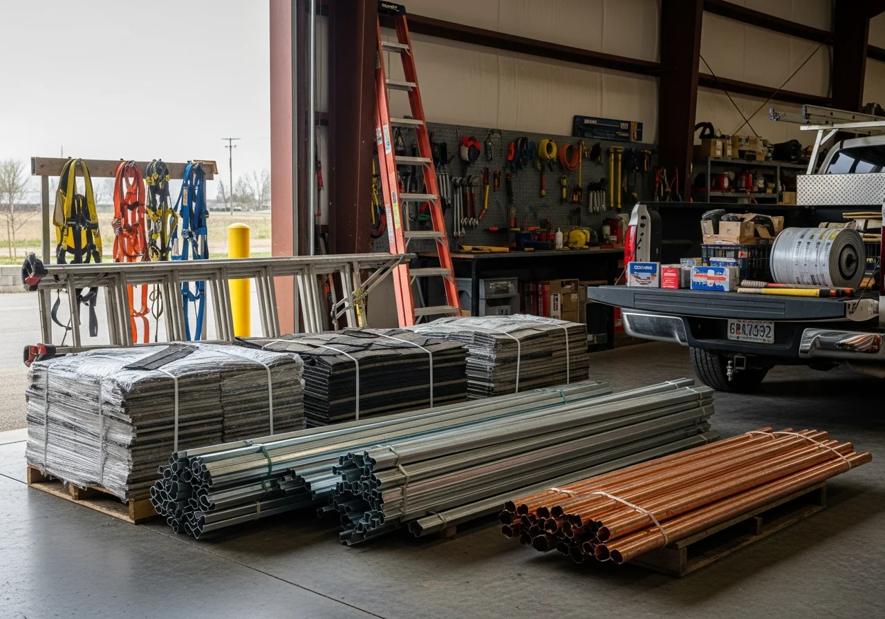 Roofing crew and tools on a residential job site, showcasing professional equipment and materials ready for installation.