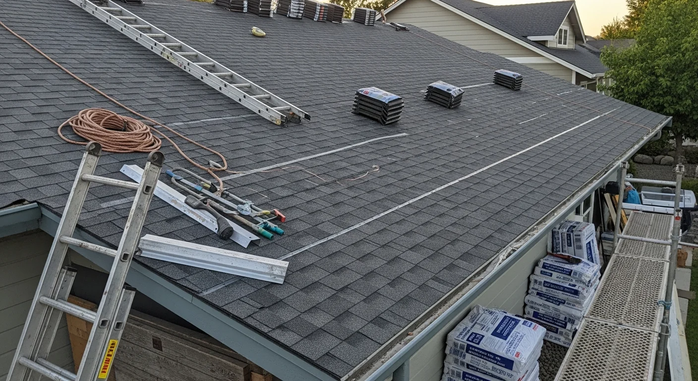 Professional roofer installing new roof shingles on residential home