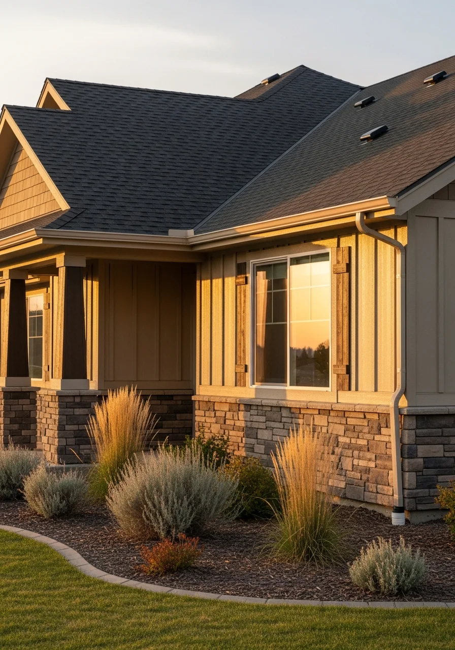 Close-up of a Boise home exterior with modern updates and native landscaping typical of the area.