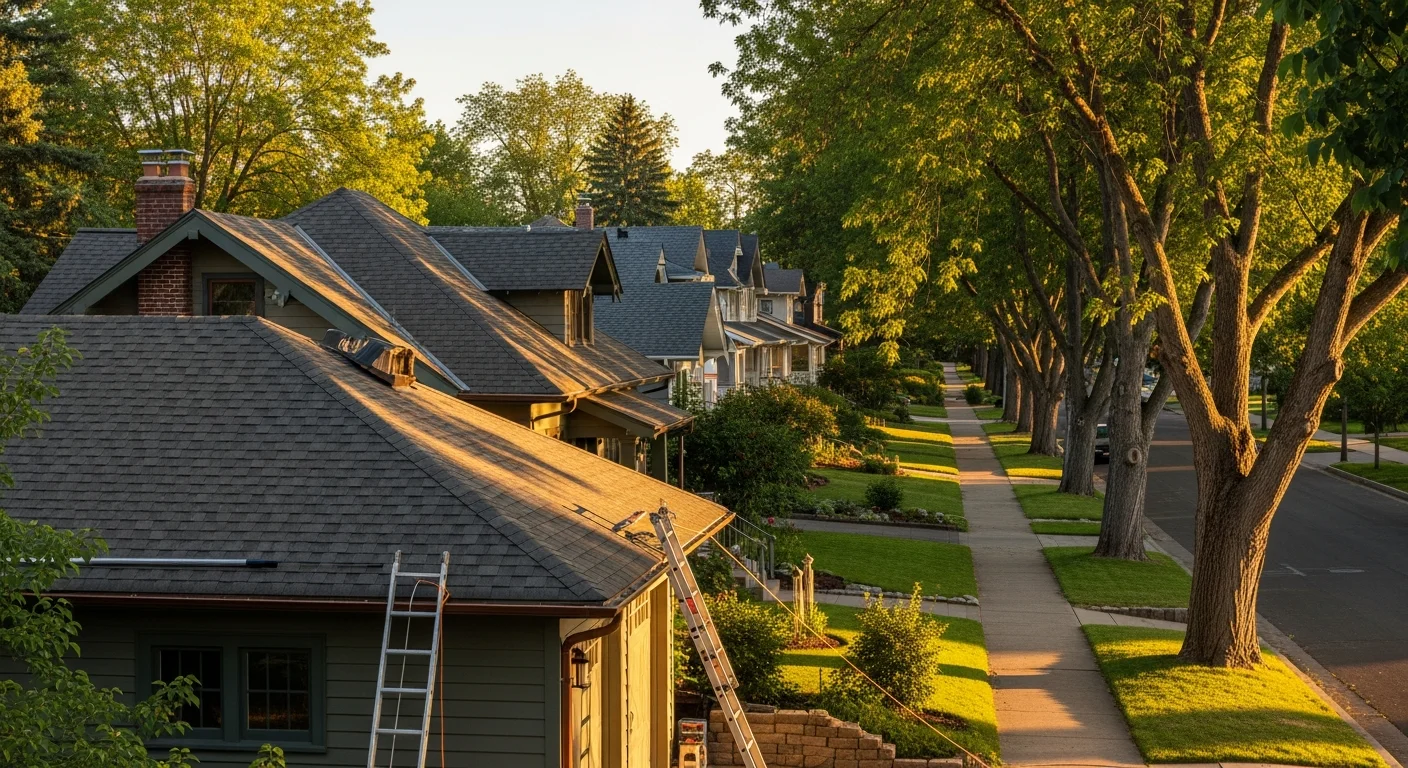 Boise residential street with mature trees and mixed architectural styles, showing North End neighborhood character.