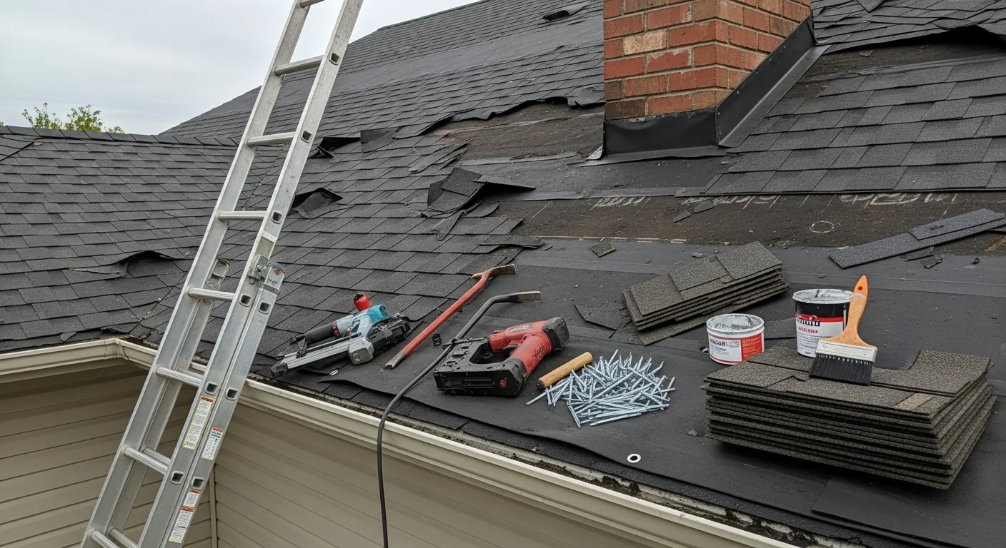 A Boise residential roof with storm-damaged shingles being inspected by a roofing contractor after a wind and hail event. Temporary blue tarp covers an exposed section near the ridge while repair work is assessed.