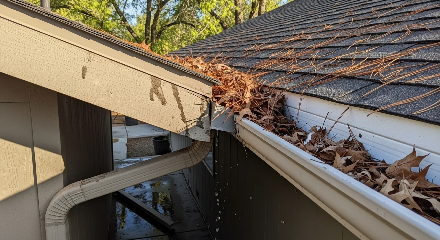 A Boise residential home with clean, debris-free gutters and a clear downspout after professional gutter cleaning. Cottonwood leaves and pine needle buildup have been removed from the gutter channels along the roofline.