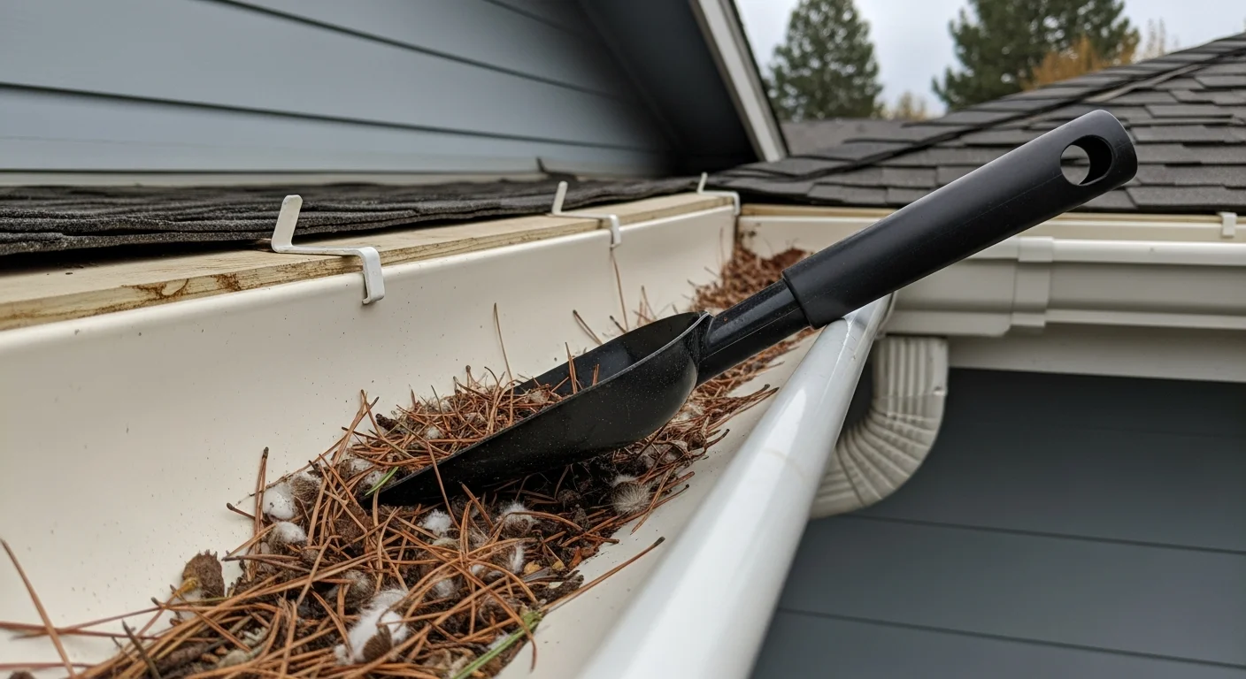 A gutter technician from The Roofing Experts LLC inspecting a residential gutter system on a single-story Boise home, checking the downspout connection and fascia board for signs of water damage or separation.