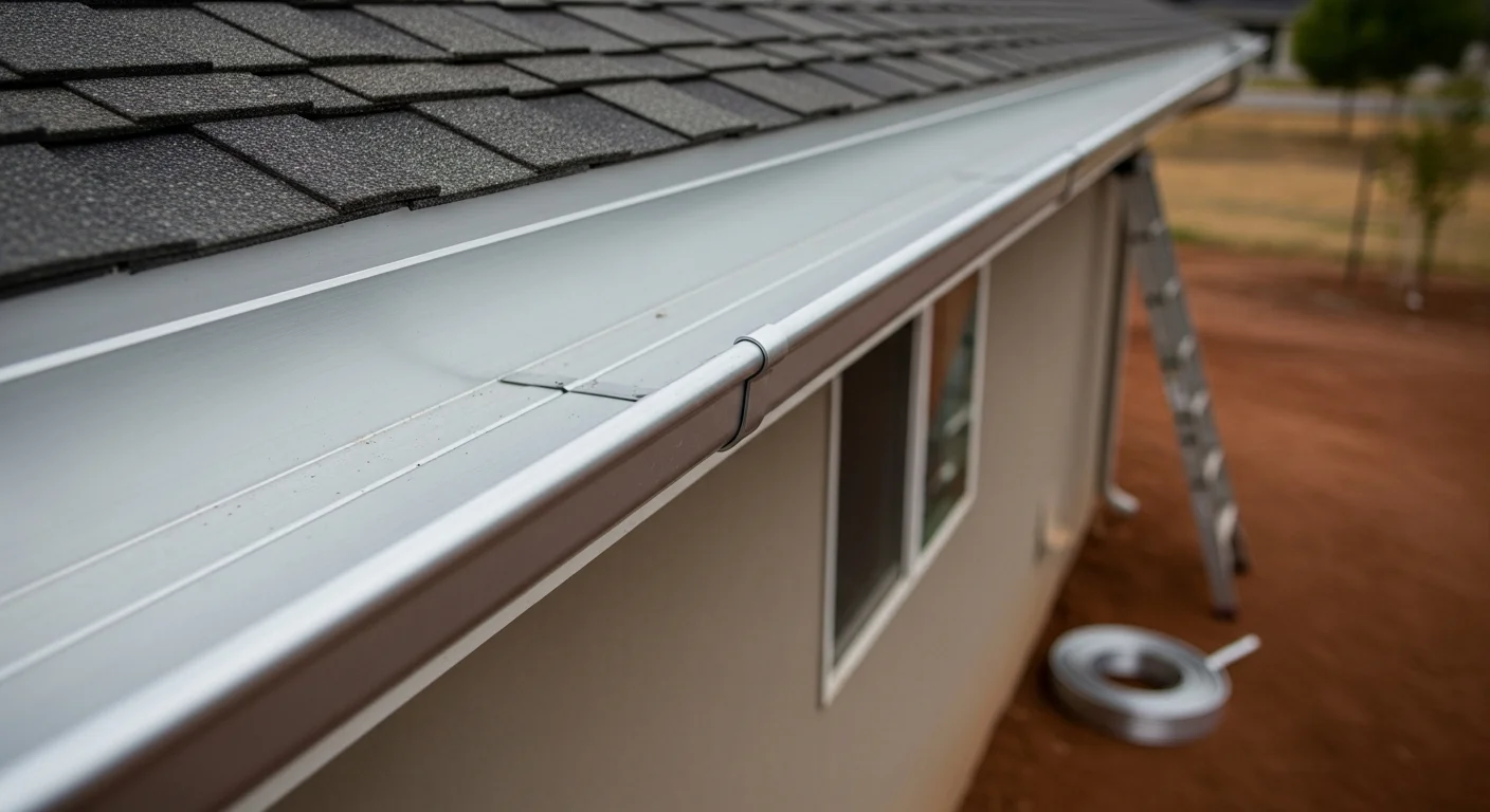 Newly installed seamless gutters running along the roofline of a single-story Boise home, with a downspout directing water away from the foundation. The gutters are flush against the fascia with no visible sagging or gaps.