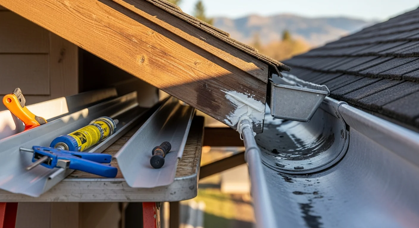 A Roofing Experts LLC technician reattaching a sagging gutter section on a single-story Boise home, with a downspout visibly realigned and secured against the exterior wall.