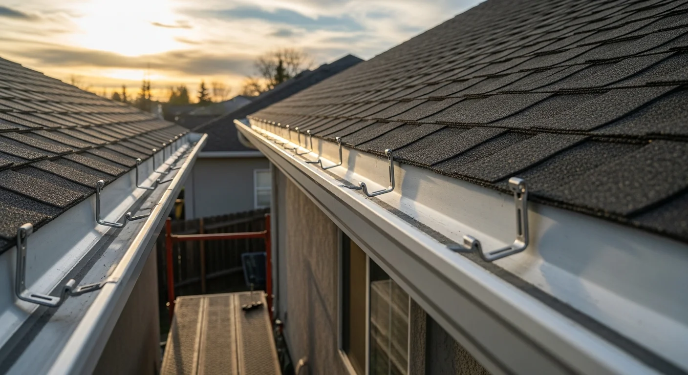 A Boise residential home with a newly installed full gutter system running along the roofline, with downspouts positioned to direct water away from the foundation. The old gutters have been removed and the fascia boards are clean and properly secured before the new system was fitted.