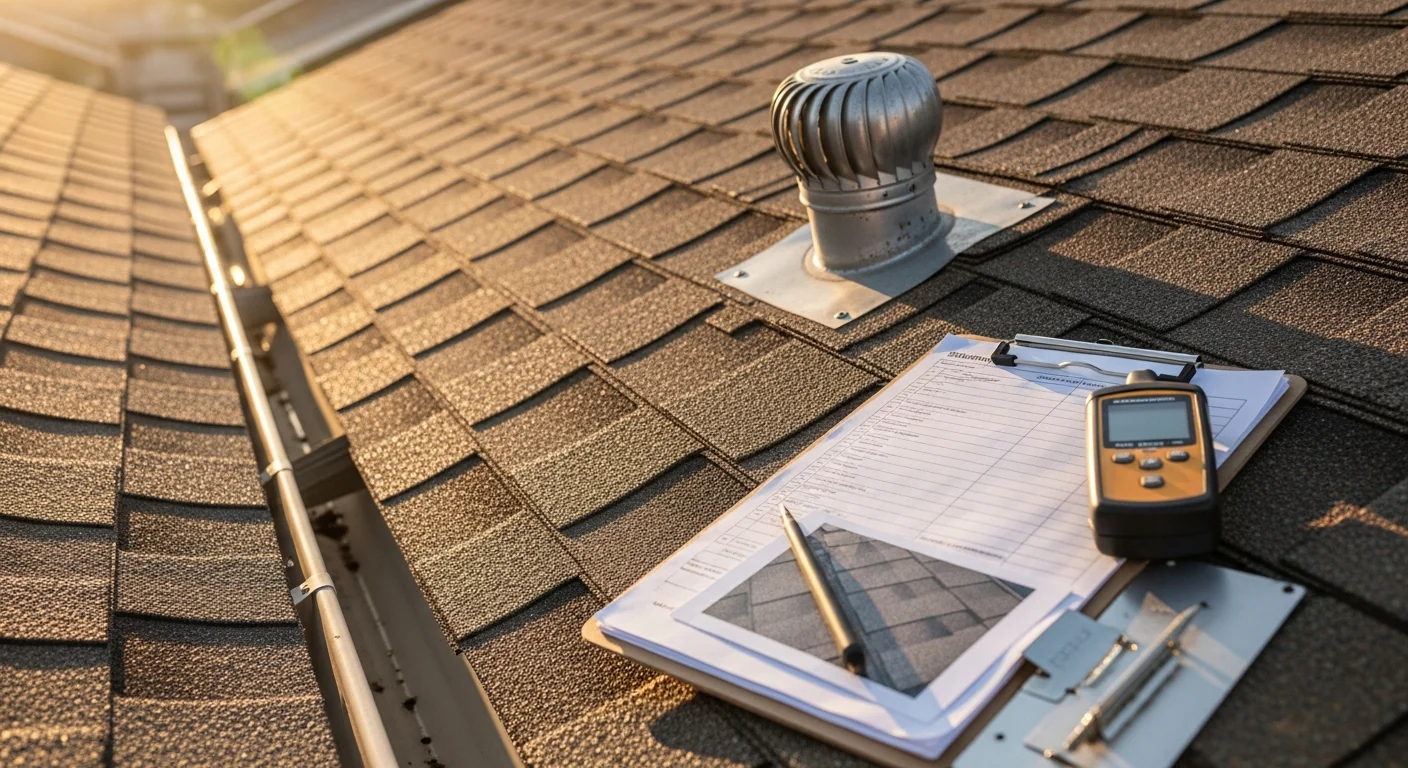 A roofing contractor from The Roofing Experts LLC inspecting shingles and flashing on a residential roof in Boise, Idaho. The inspector examines the roof surface up close while a clear blue sky and tree-lined neighborhood street are visible in the background.