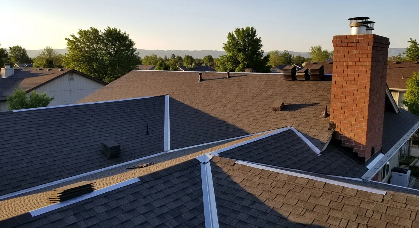 A newly installed residential roof on a single-story Boise home, showing clean architectural shingles, updated ridge ventilation, and finished metal flashing along the eaves and valleys. The surrounding landscape reflects a typical Boise neighborhood setting with dry foothills visible in the background.