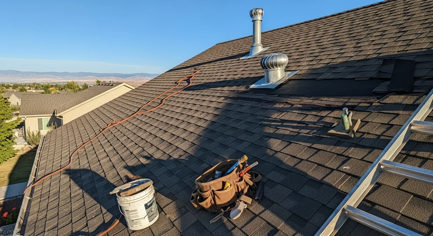 A Boise roofing contractor repairing damaged shingles and flashing on a residential home after storm damage. Close-up view shows replaced shingles and sealed flashing along a roof valley on a single-family home in Boise, Idaho.