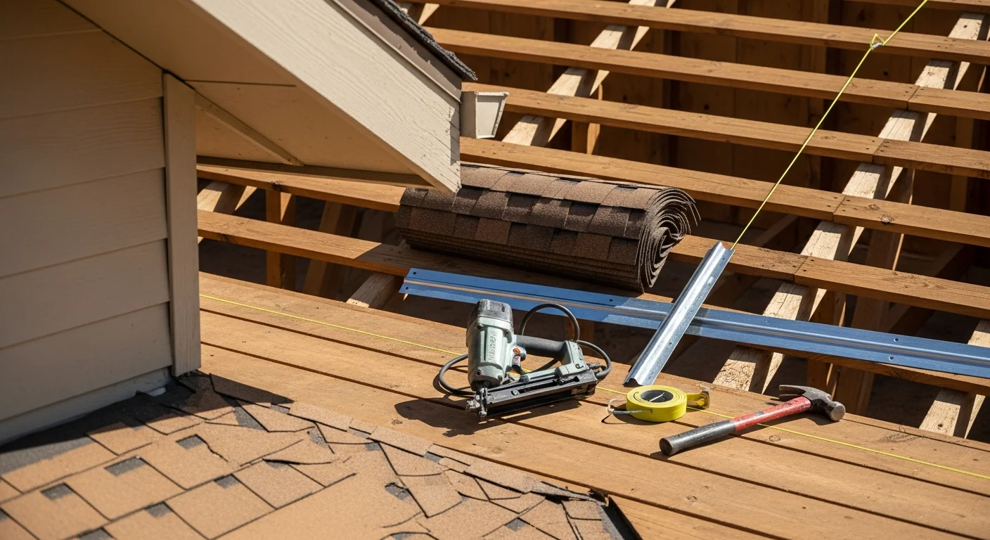 A completed residential roof replacement on a single-family home in Boise, Idaho, showing new composition shingles, clean ridge lines, and updated flashing around roof penetrations. The surrounding Treasure Valley foothills are visible in the background.