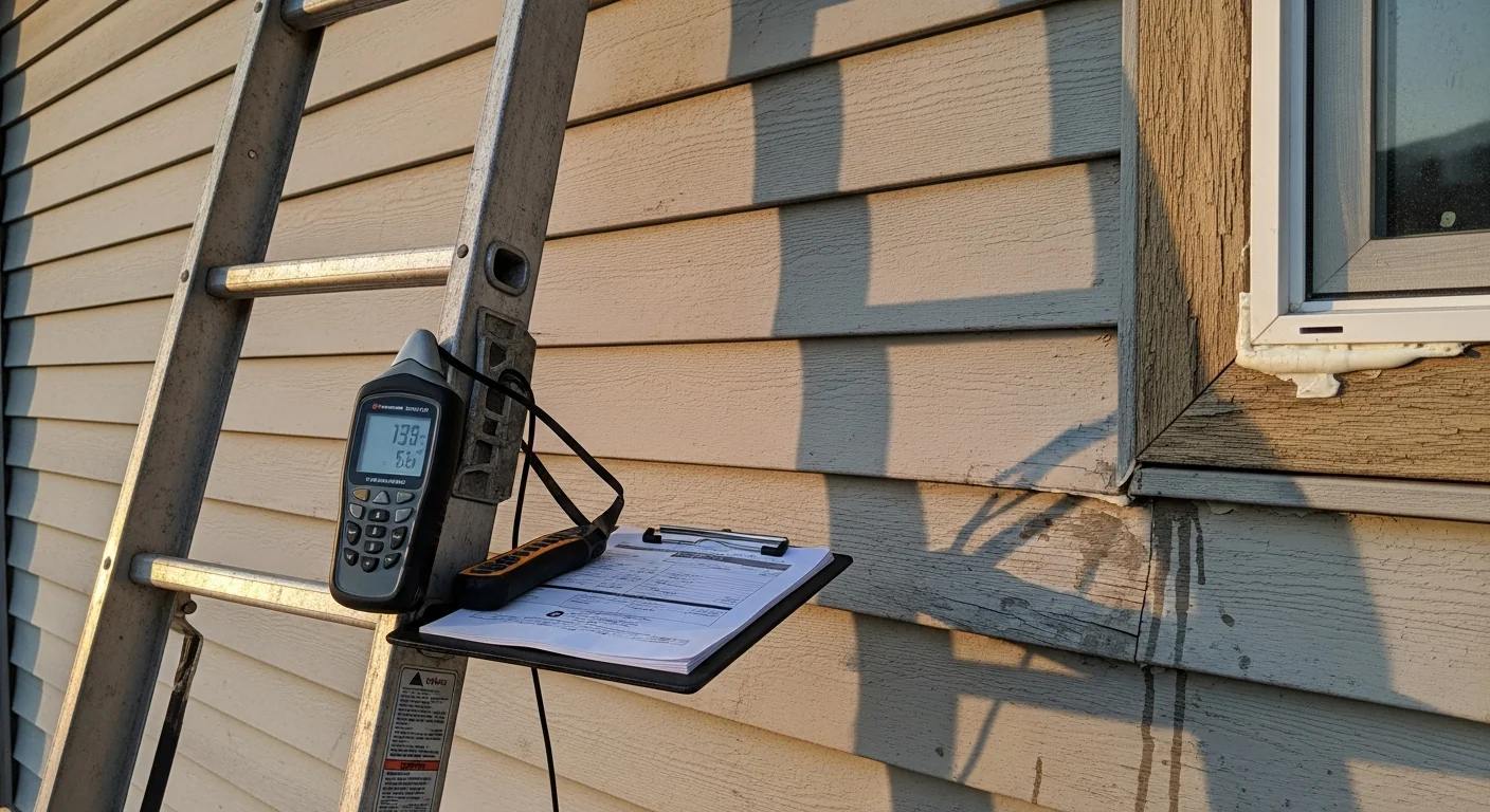 A siding contractor from The Roofing Experts LLC inspecting the exterior panels and window flashing on a residential home in Boise, Idaho. Close-up view shows the contractor checking caulk joints and trim condition along the home's sidewall.