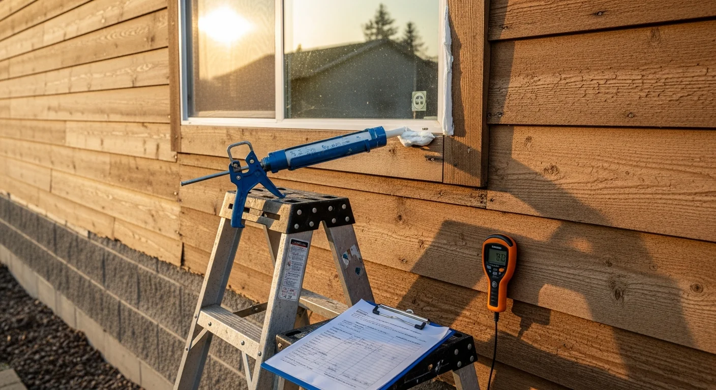 A siding contractor inspecting the exterior wall of a Boise residential home, checking caulk joints and panel seams along a sun-exposed west-facing elevation. Close-up view shows a gloved hand pressing against a panel edge to check for soft spots or moisture damage.