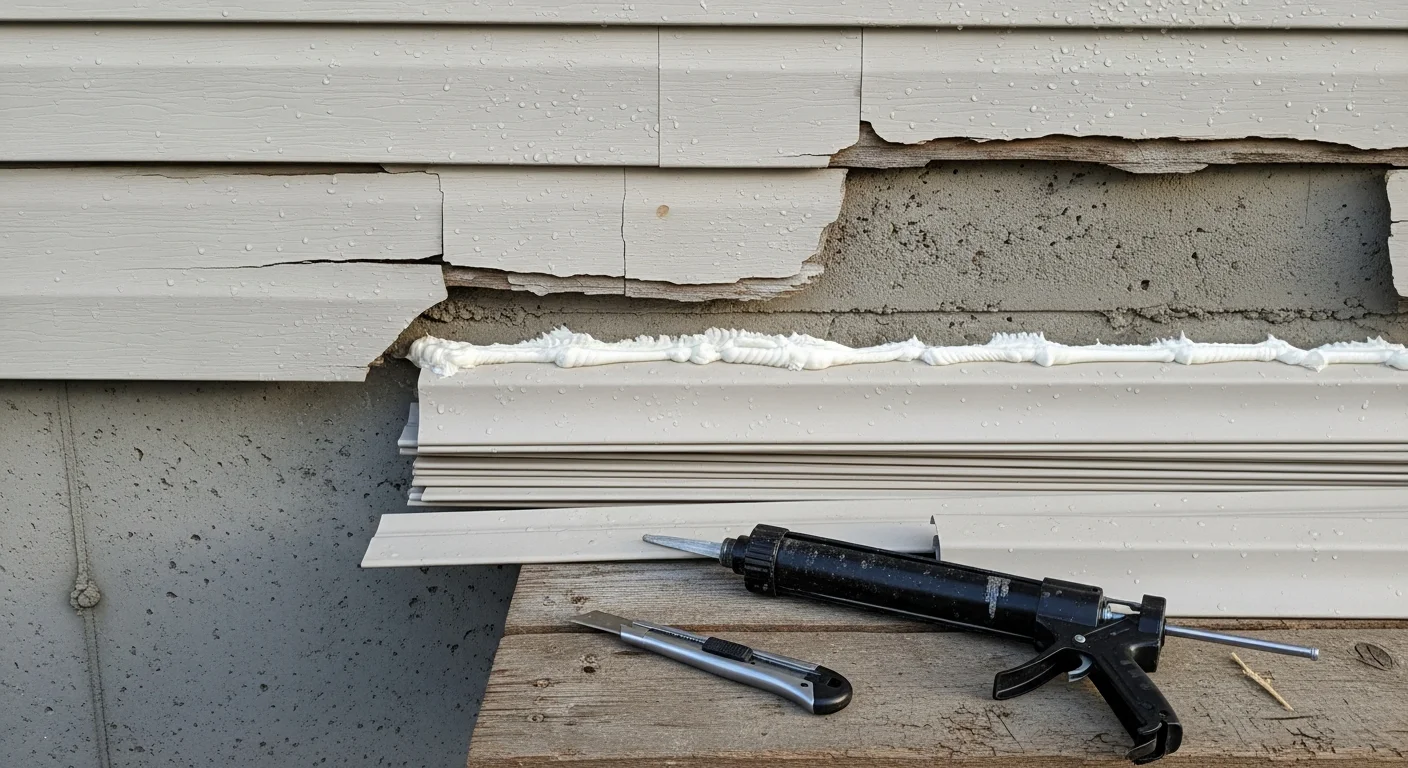 A Boise home exterior showing repaired siding panels with clean, flush seams alongside the original undamaged sections. A contractor inspects the finished repair area on a single-story residential property.